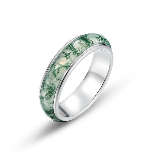 S925 Sterling Silver Jewelry Ring Natural Moss Agate Gemstone Fashion Band Rings