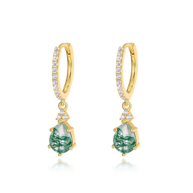 S925 Sterling Silver Jewelry Earrings Natural Moss Agate Gemstone Novel Water Drop Earrings
