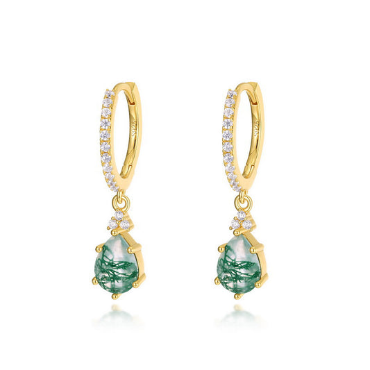S925 Sterling Silver Jewelry Earrings Natural Moss Agate Gemstone Novel Water Drop Earrings