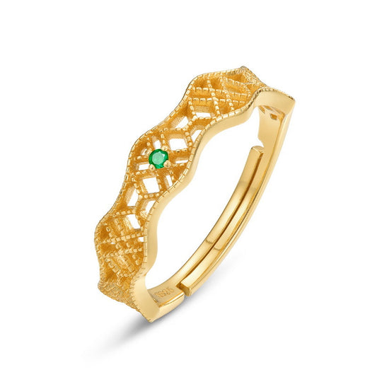 S925 Sterling Silver Jewelry Ring Natural Emerald Gemstone Vintage Geometric Style Rings
