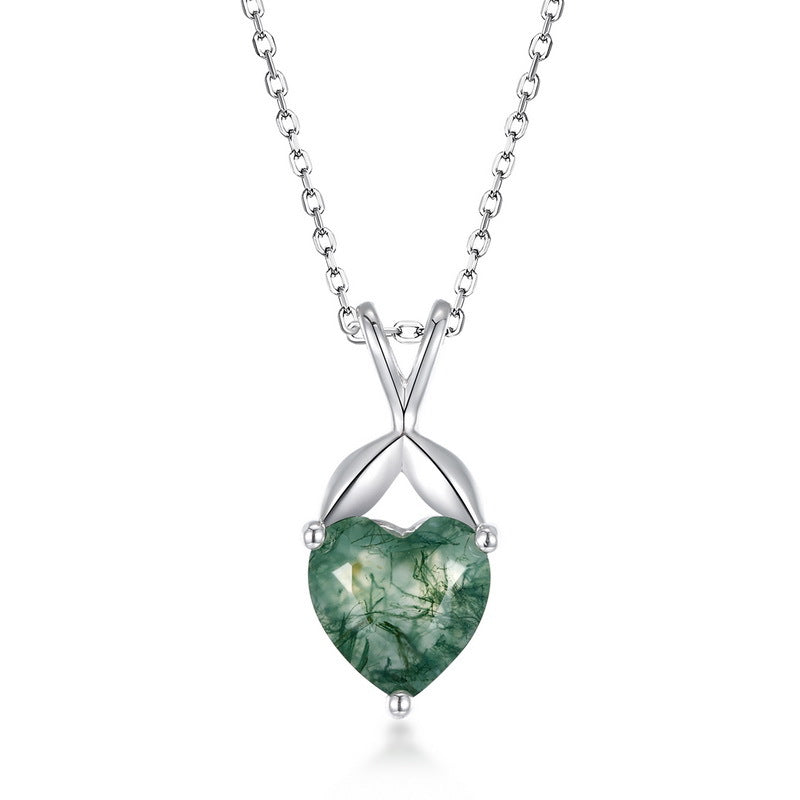 S925 Sterling Silver Jewelry Pendant Natural Moss Agate Gemstone Hear Style Necklace Charms