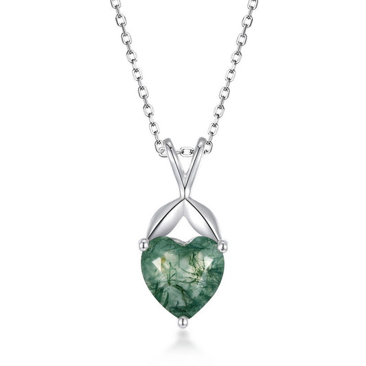 S925 Sterling Silver Jewelry Pendant Natural Moss Agate Gemstone Hear Style Necklace Charms