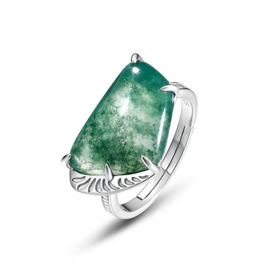 S925 Sterling Silver Jewelry Ring Natural Moss Agate Gemstone Irregular Style Luxury Rings