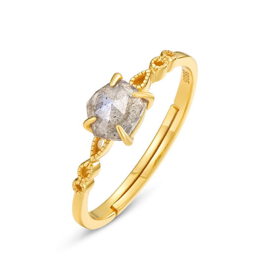 S925 Sterling Silver Jewelry Ring Natural Labradorite Gemstone Geometric Style Exquisite Rings
