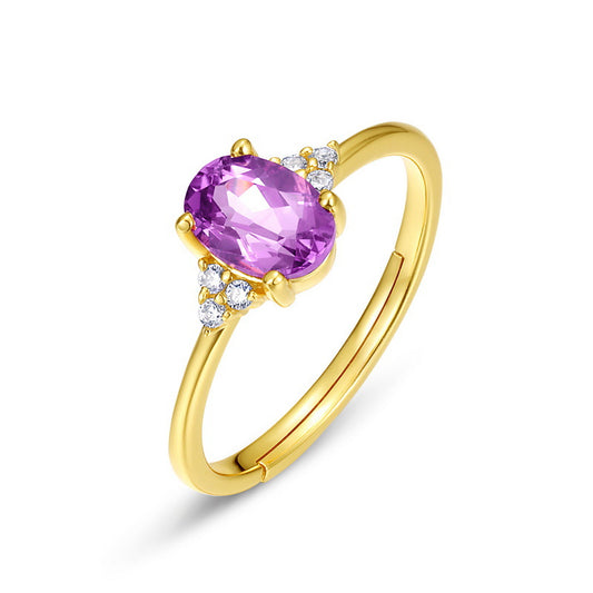 S925 Sterling Silver Jewelry Ring Natural Amethyst Gemstone Gold Plating Rings