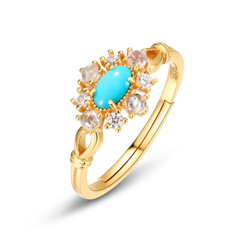 S925 Sterling Silver Jewelry Ring Natural Turquoise Gemstone Vintage Palace Style Rings