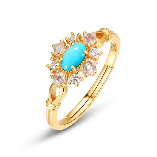 S925 Sterling Silver Jewelry Ring Natural Turquoise Gemstone Vintage Palace Style Rings