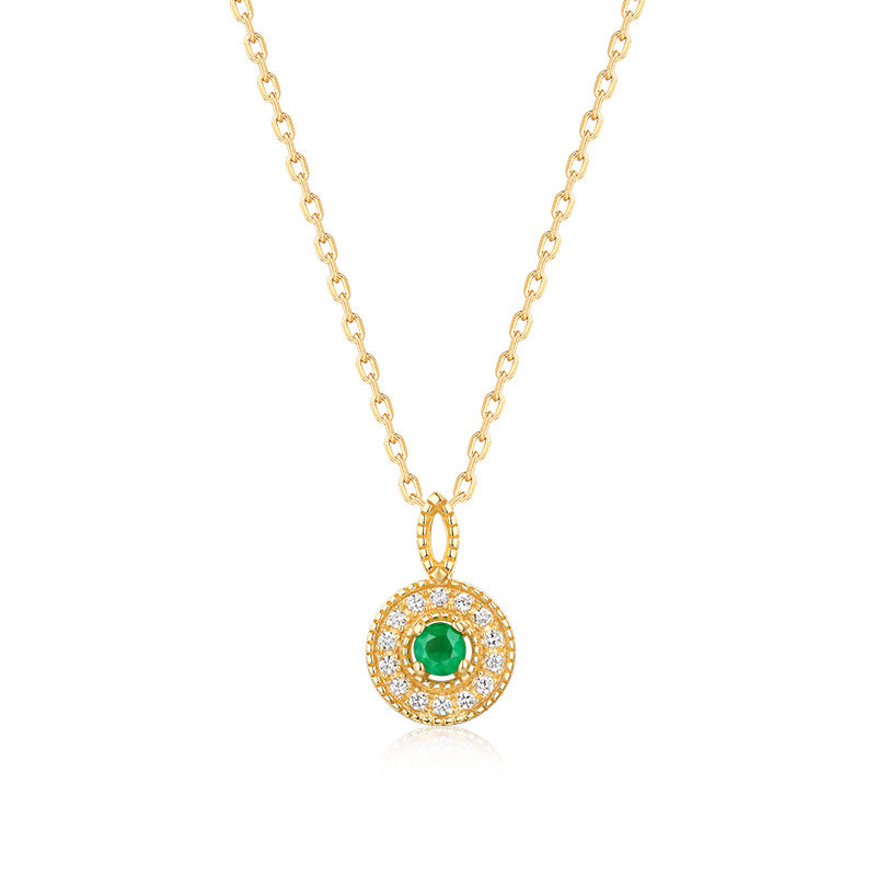 S925 Sterling Silver Jewelry Pendants Natural Emerald Gemstone Round Board Necklace Charms