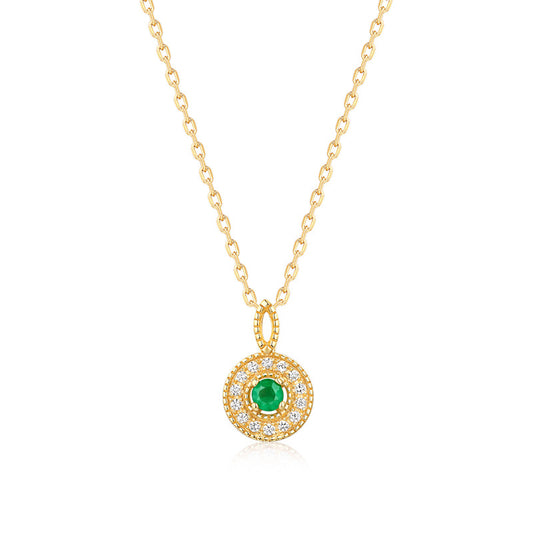 S925 Sterling Silver Jewelry Pendants Natural Emerald Gemstone Round Board Necklace Charms