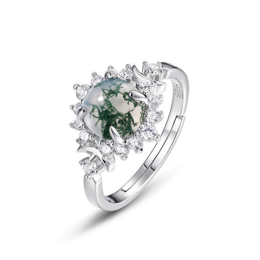 S925 Sterling Silver Jewelry Ring Natural Moss Agate Gemstone Floral Style Luxury Rings