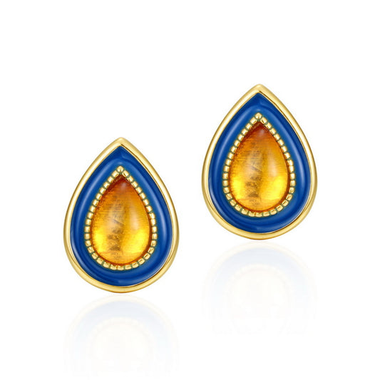 S925 Sterling Silver Jewelry Earrings Natural Amber Vintage Enamel Water Drop Style Earrings