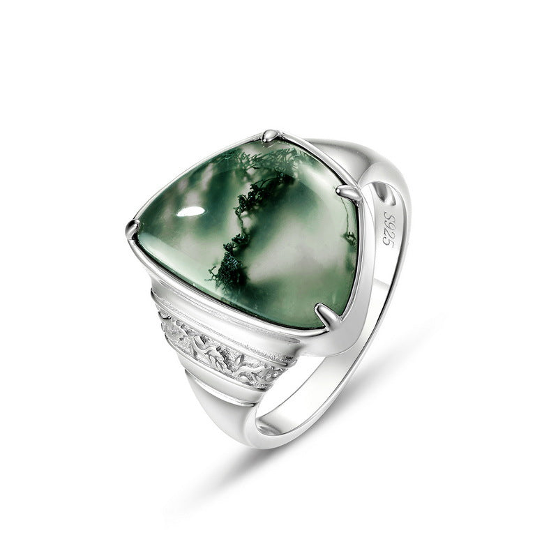 S925 Sterling Silver Jewelry Ring Natural Moss Agate Gemstone Irregular Vintage Style Rings