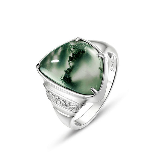 S925 Sterling Silver Jewelry Ring Natural Moss Agate Gemstone Irregular Vintage Style Rings