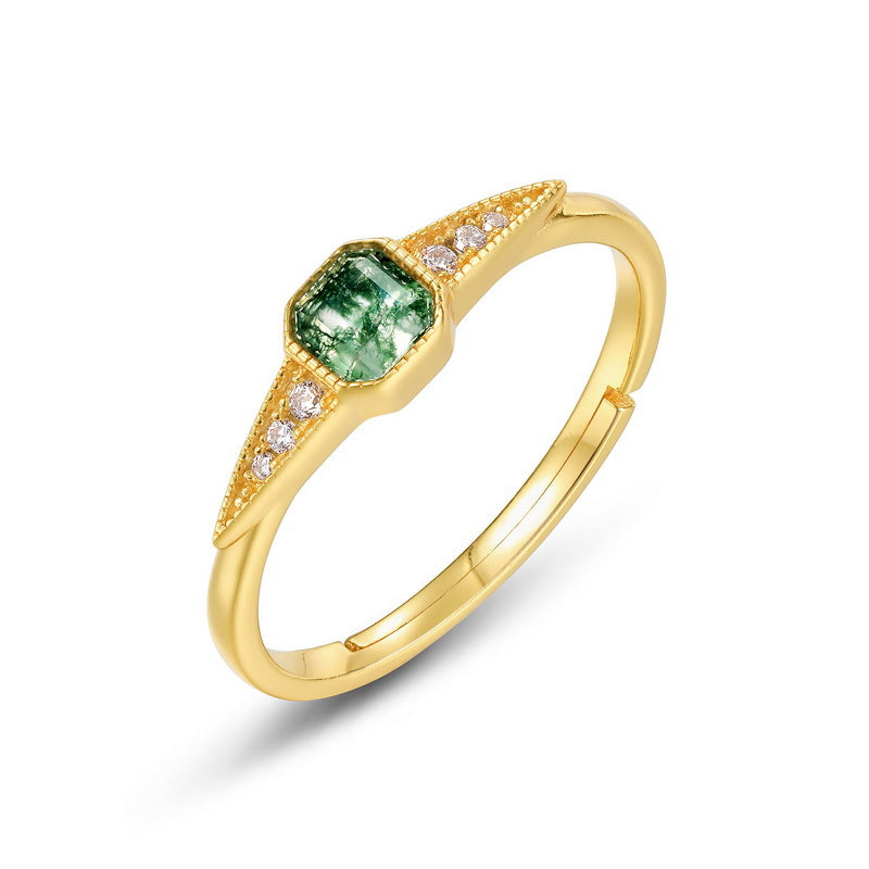 S925 Sterling Silver Jewelry Ring Natural Moss Agate Gemstone Vintage Palace Style Rings