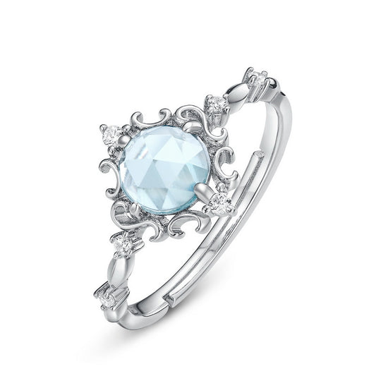 S925 Sterling Silver Jewelry Ring Natural Sky Blue Topaz Gemstone Vintage Floral Style Rings