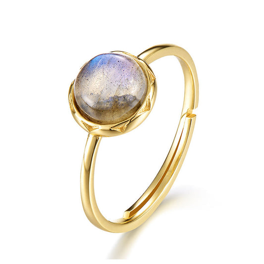 S925 Sterling Silver Jewelry Ring Natural Labradorite Gemstone Round Style Simple Luxury Rings