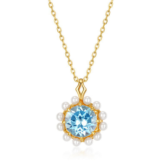 S925 Sterling Silver Jewelry Pendants Natural Sky Blue Topaz Gemstone Pearl Necklace Charms