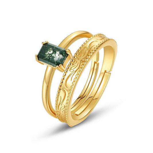 S925 Sterling Silver Jewelry Ring Natural Moss Agate Gemstone Gold Plating Stacking Rings