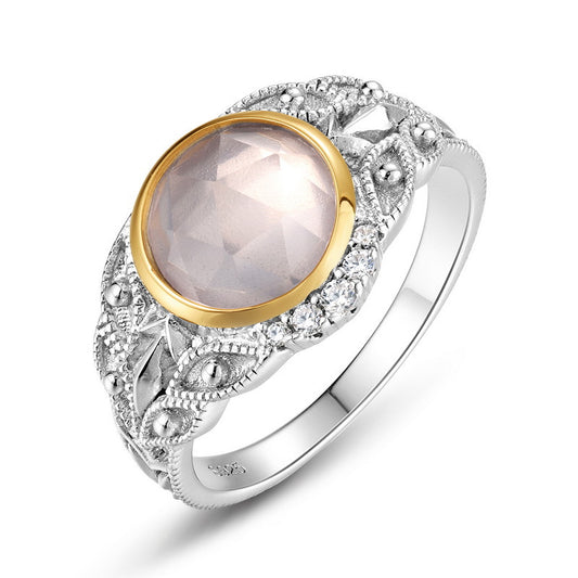 S925 Sterling Silver Jewelry Ring Natural Rose Quartz Gemstone Vintage Style Rings