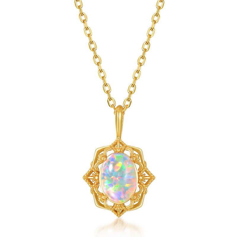 S925 Sterling Silver Jewelry Opal Gemstone Gold Plating Vintage Style Necklace Pendant