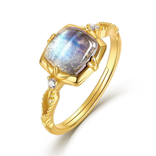 S925 Sterling Silver Jewelry Ring Natural Labradorite Gemstone Geometric Square Style Rings