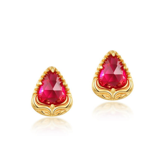 S925 Sterling Silver Jewelry Earrings Red Corundum Gemstone Waterdrop Style Stud Earrings