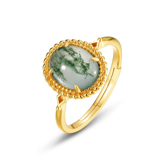 S925 Sterling Silver Jewelry Ring Natural Moss Agate Gemstone Vintage Geometric Luxury Rings