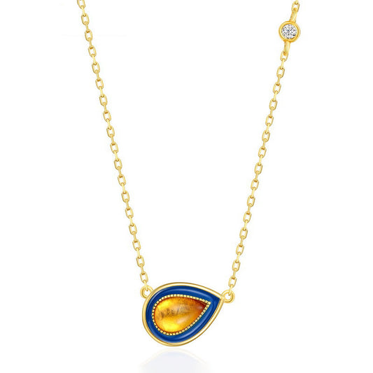 S925 Sterling Silver Jewelry Necklace Natural Amber Enamel Water Drop Style Charms Necklaces