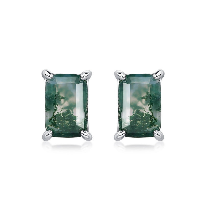 S925 Sterling Silver Jewelry Earrings Natural Moss Agate Gemstone Geometric Style Earrings
