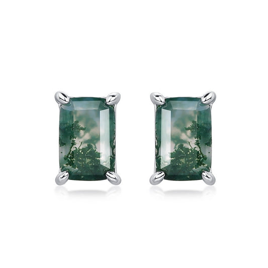 S925 Sterling Silver Jewelry Earrings Natural Moss Agate Gemstone Geometric Style Earrings