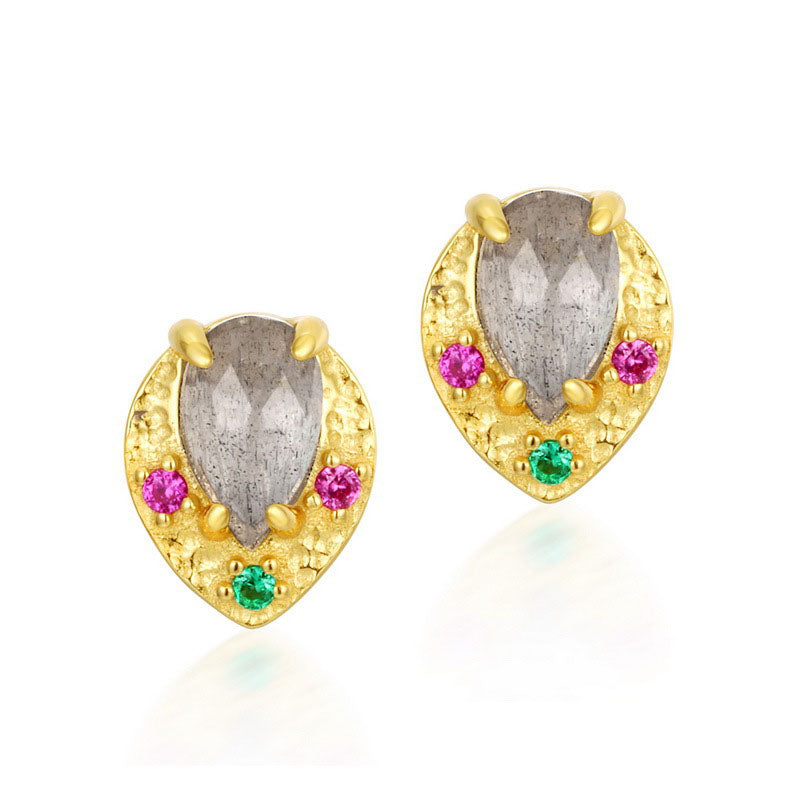 S925 Sterling Silver Jewelry Earrings Natural Labradorite Gemstone Golden Leaf Stud Earrings