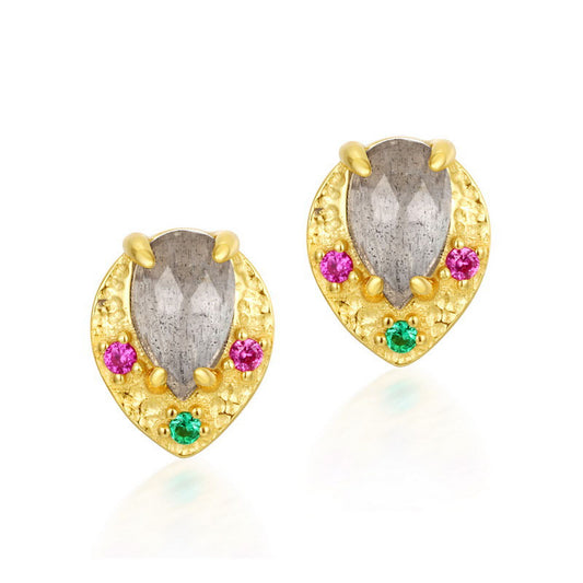 S925 Sterling Silver Jewelry Earrings Natural Labradorite Gemstone Golden Leaf Stud Earrings