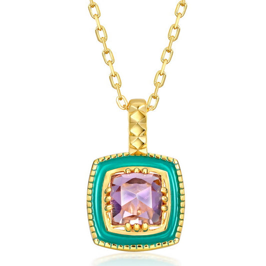 S925 Sterling Silver Jewelry Pendants Natural Amethyst Gemstone Enamel Necklace Charms