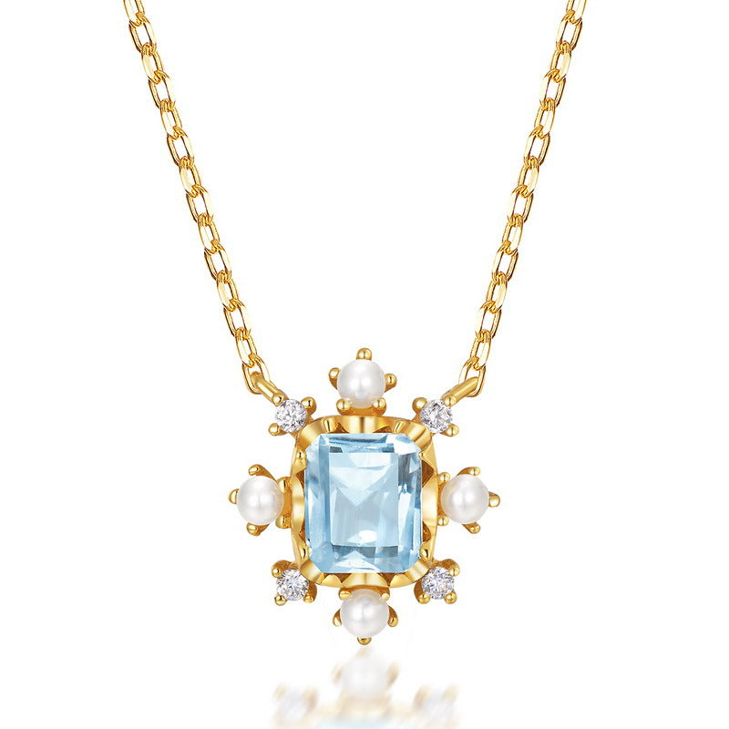 S925 Sterling Silver Jewelry Necklaces Natural Sky Blue Topaz Gemstone Snowflake Necklace