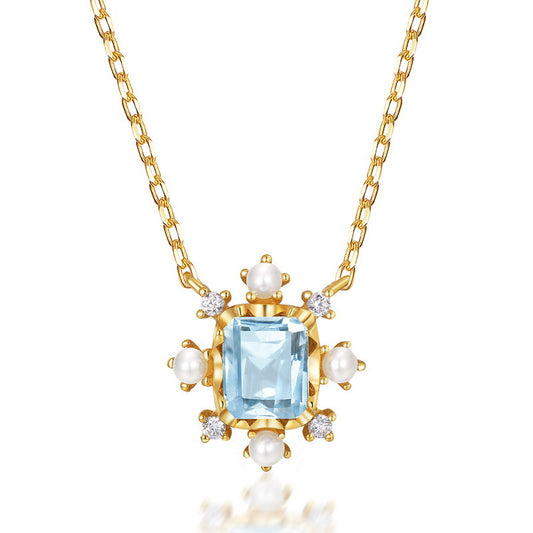 S925 Sterling Silver Jewelry Necklaces Natural Sky Blue Topaz Gemstone Snowflake Necklace