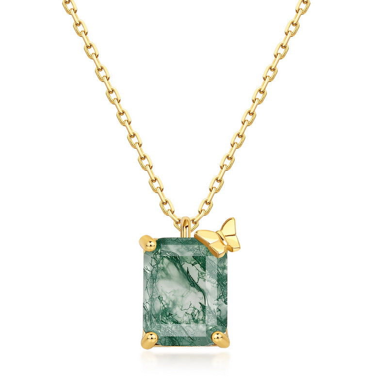 S925 Sterling Silver Jewelry Necklace Natural Moss Agate Gemstone Geometric Charms Necklace