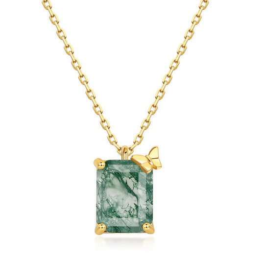 S925 Sterling Silver Jewelry Necklace Natural Moss Agate Gemstone Geometric Charms Necklace