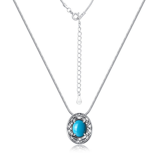 S925 Sterling Silver Jewelry Necklace Turquoise Gemstone Vintage Style Charms Necklace