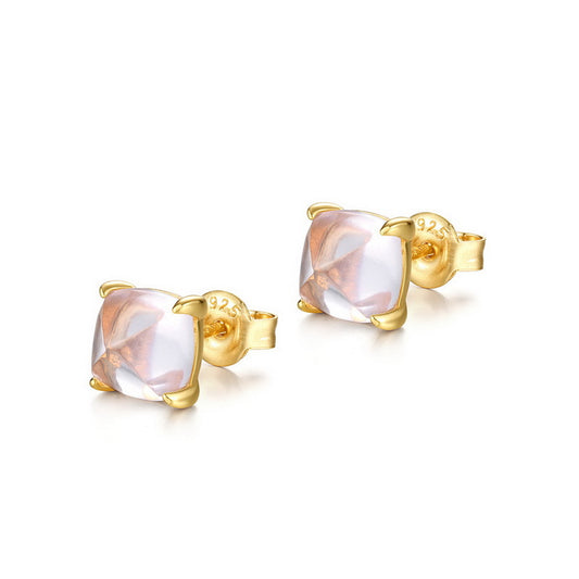 S925 Sterling Silver Jewelry Earrings Natural Rose Quartz Fashion Style Stud Earrings