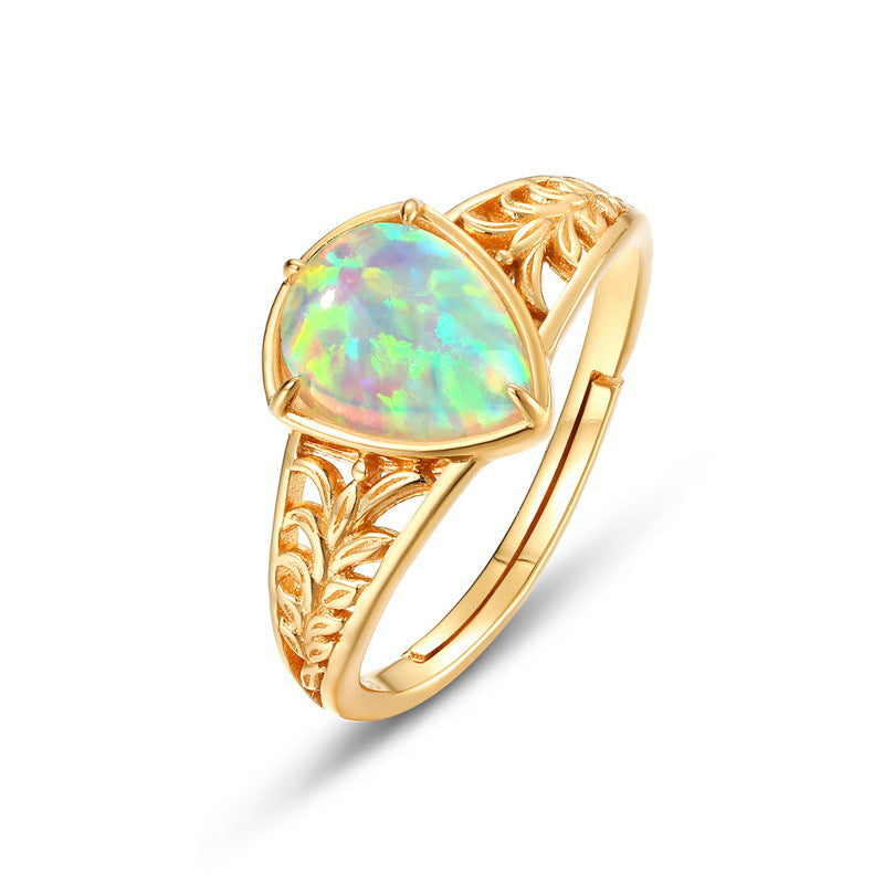 S925 Sterling Silver Jewelry Gold Plating Opal Gemstone Vintage Stripe Style Rings