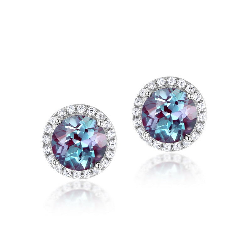 S925 Sterling Silver Jewelry Earrings Alexandrite Gemstone Round Style Stud Earrings