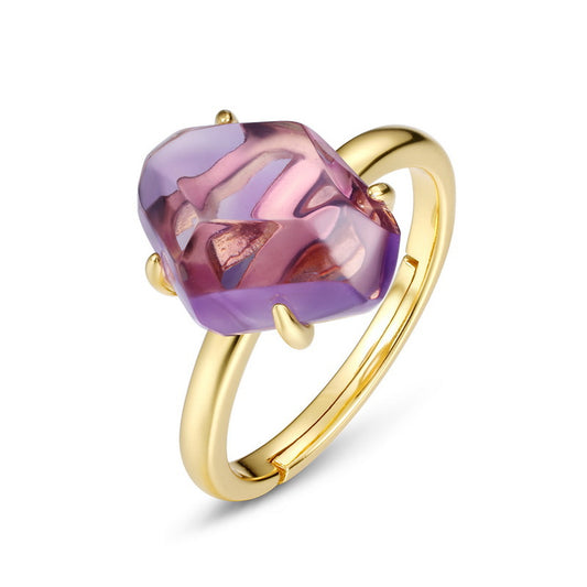 S925 Sterling Silver Jewelry Ring Natural Amethyst Gemstone Irregular Style Rings