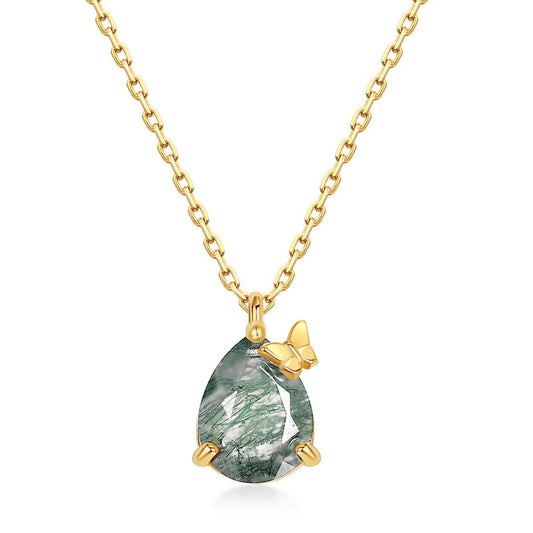 S925 Sterling Silver Jewelry Necklace Natural Moss Agate Gemstone Water Drop Charms Necklace