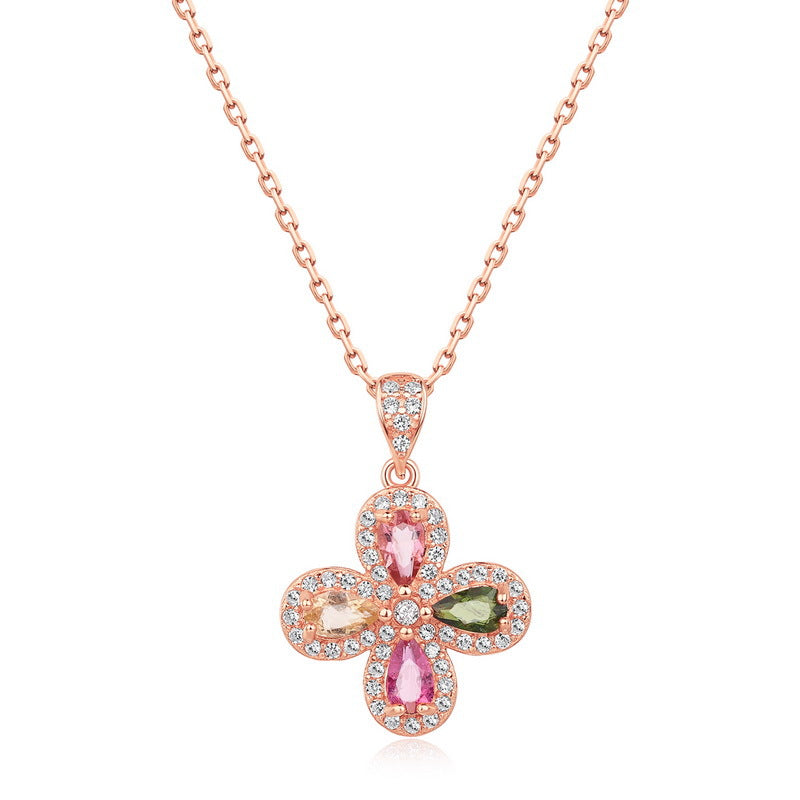S925 Sterling Silver Jewelry Pendants Natural Tourmaline Gemstone Clover Necklace Charms