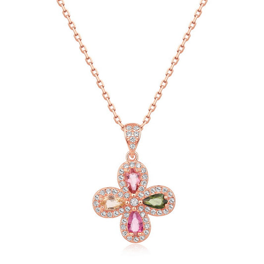 S925 Sterling Silver Jewelry Pendants Natural Tourmaline Gemstone Clover Necklace Charms