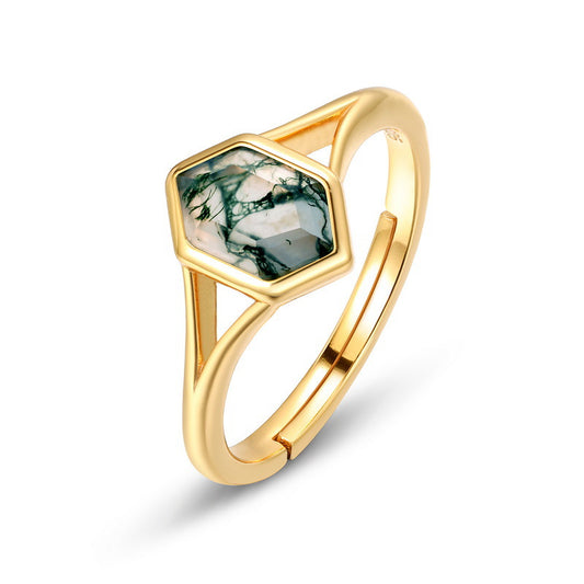 S925 Sterling Silver Jewelry Ring Natural Moss Agate Gemstone Geometric Simple Luxury Rings