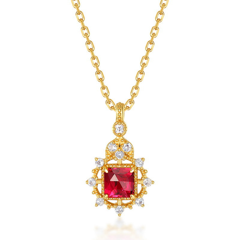 S925 Sterling Silver Jewelry Pendants Red Corundum Gemstone Palace Style Necklace Charms
