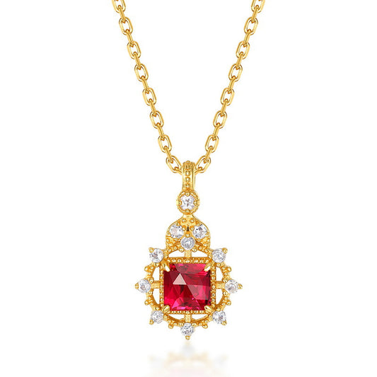 S925 Sterling Silver Jewelry Pendants Red Corundum Gemstone Palace Style Necklace Charms