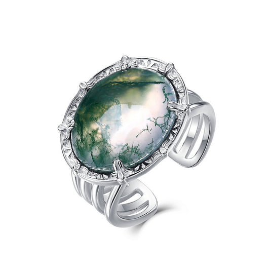 S925 Sterling Silver Jewelry Ring Natural Moss Agate Gemstone Vintage Style Simple Luxury Rings