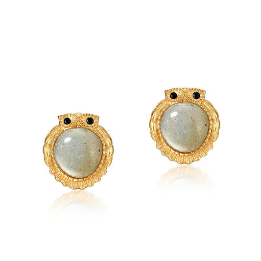 S925 Sterling Silver Jewelry Earrings Natural Labradorite Gemstone Cute Owl Style Earrings